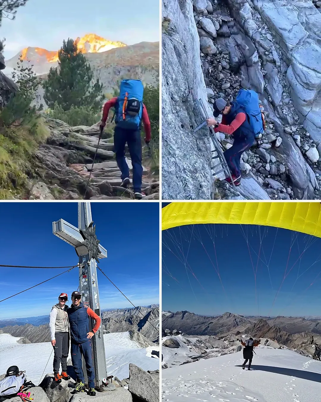 Collage: Aufstieg mit Deuter-Rucksack und Norrøna-Jacke, Leiter, Gipfelkreuz, Gleitschirmstart